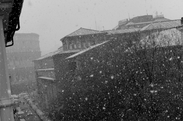 Snow out the window, down Via San Giovanni in Laterano by Simon Griffee